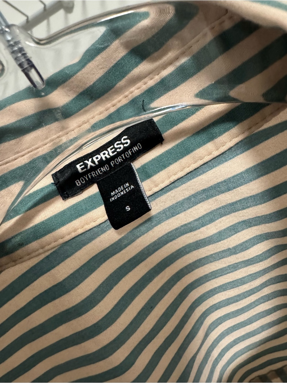Express Women’s Striped Cropped Portofino Shirt Teal/Cream Size Small - Picture 2 of 3